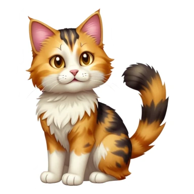 cinematic-[calico tabby cat]-realistic-full-body-sitting-emoji,-tail-curled-playfully-around-its-paws,-head-tilted-dramatically,-scruffy-[calico]-fur,-simplified-yet-realistic-adorable-features,-highly-detailed,-glowing-with-an-almost-sarcastic-glow sticker