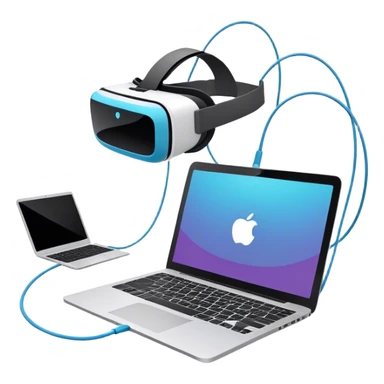An emoji of VR/AR technology. VR headset connected by a wire to a laptop, symbolizing the development process. Floating 3D models or virtual objects to indicate interaction with the technology. Use modern, tech-inspired colors. Do not include any emojis or smiley faces. background transparent. sticker