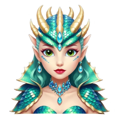 A gorgeous dragon woman with glittering jeweled scales covering her body and face. She has large almond shaped eyes, lush lips, and she wears a stunning luminescent gown. sticker