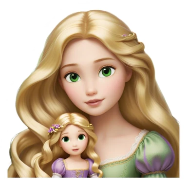 Cinematic Realistic Rapunzel Portrait, with porcelain-like skin featuring a subtle, natural glow, illuminated by soft lighting that brings out the gentle contours of her face. Her long, golden blonde hair cascades in detailed waves, each strand highlighted with a radiant shimmer as it catches the light. Her bright, expressive green eyes exude curiosity and warmth, framed by delicate lashes and soft, arched brows. Her expression is playful and vibrant, with a gentle smile. She is dressed in her classic lavender and pink gown, the fabric textured with delicate folds that flow naturally, catching the light with a soft, radiant glow. The portrait captures a luminous, enchanting aura, seamlessly blending realism with a whimsical, fairytale charm, evoking a timeless sense of beauty and magic. sticker