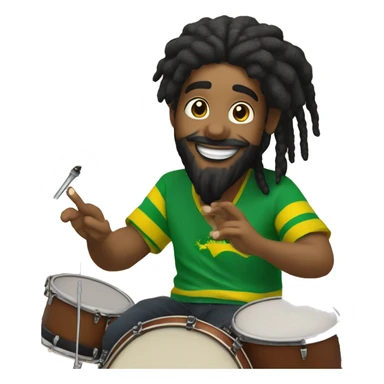 Create an image of a Brazilian drummer with tied hair, a beard, and Rastafarian style, expressing joy while playing drums in his live stream. Include the logo "GG Lukas Drummer" in the background. sticker