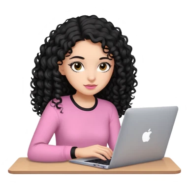 a girl typing mac book with long black curly hair and brown eyes with black eyeliner, pink shirt sticker