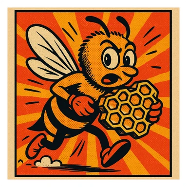 a bee thief escaping with honeycomb, comic style, vibrant colors sticker