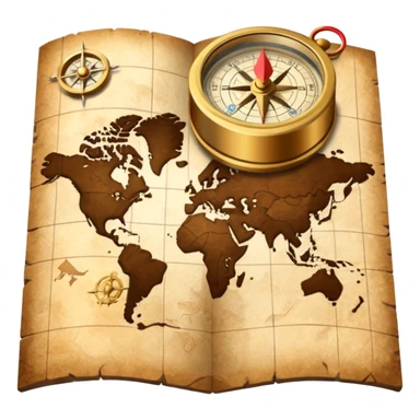 3D Brown golden map with Travel compass pointing to adventure sticker