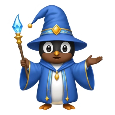 penguin wizard casting a sparkling spell, wearing blue robe and hat, emoji style sticker