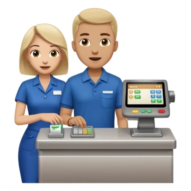 Supermarket employee at a cash register, full body, serving a man surprised sticker