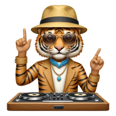 Un tigre con sombrero estilo cubano, una mesa de dj y gafas de sol. Una mano en la mesa de dj y la otra mano señalando al cielo a Dios sticker
