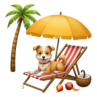 a dog laied on a beach chair, a sunny beach, a sun umbrella, and beach coconut trees. the icon should capture the essence of a relaxing beach vacation with a carefree atmosphere sticker