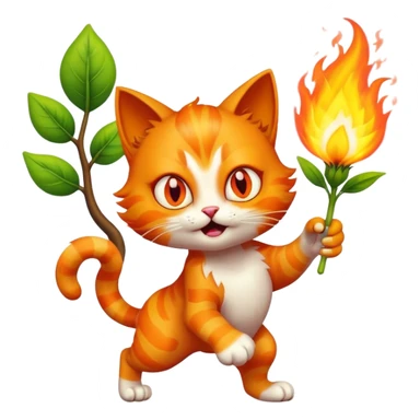 A crazy cat with eyes on fire holding a sprout from a tree and running towards us sticker