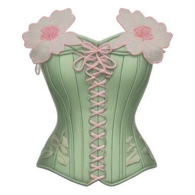 Sage green corset with pink flower embroidery, isolated sticker