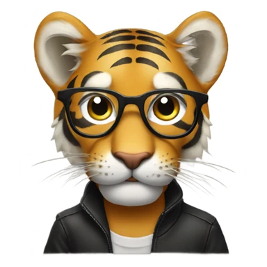 Make me a tiger wearing black horn-rimmed glasses and holding a microphone sticker