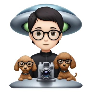A little boy with straight black medium-length hair, white skin, and black eyes wearing black-framed glasses is taking photos on a UFO with a camera. Beside him, there is an alien and a brown round-headed poodle. sticker