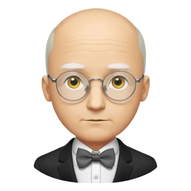 Yellow-skinned animated man. Bald on top with thin gray hair at the sides. Large round white eyes with black pupils. Wears round glasses. Pointed nose. Visible suit lapels, white shirt collar, and bow tie at the neck. sticker