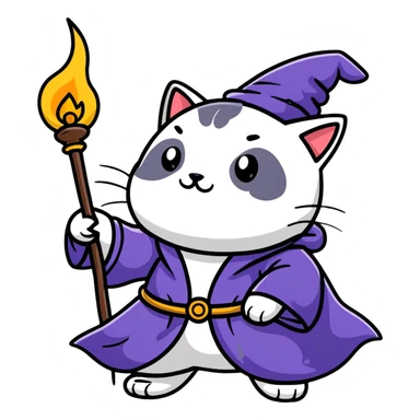 A cat wizard casting a spell with magical staff and flowing robes sticker