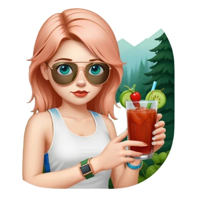 girl with long pig tailed hair
with blue eyes
and aviator sunglasses
wearing white tank top 
holding bloody mary
wearing (rose gold apple watch with forest green band) sticker