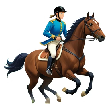 An icon showcasing a blue sky, distant mountains and a vibrant landscape. a majestic horse and rider in full gallop across a lush green field. The rider wears traditional gear, while the horse leaps with grace and power.  sticker