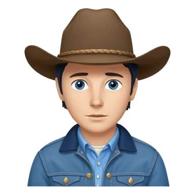 Jack Twist from Brokeback Mountain with blue eyes, dark brown hair, light blue shirt, navy blue jacket and cowboy hat sticker