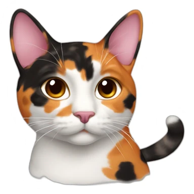 Calico cat with orange, brown and black pattern on its face but it’s mostly white. Cat has pink nose with brown dot sticker