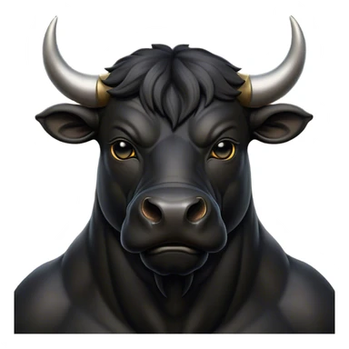 Cinematic Noble Black Bull Portrait Emoji, Poised and regal, with a massive, muscular build and a sleek, well-groomed pure black hide, deep-set soulful dark eyes, Simplified yet sharp and sophisticated features, highly detailed, glowing with a soft, dignified glow, high shine, intelligent and formidable, stylized with an air of strength, focused and attentive, soft glowing outline, capturing the essence of a watchful and confident guardian, so majestic it feels as though it could charge out of the screen with effortless authority! sticker