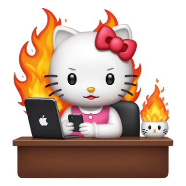 Apple-style emoji illustration of hello kitty character calmly sitting at an office desk, looking at a smartphone and looking relaxed, while the office behind her is subtly on fire. sticker