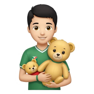 Une garçon qui a les cheveux noir qui sourit il a un maillot de l’algerie et qui a un doudou jaune sur son epaule un ours jaune qui a des habille noir sticker