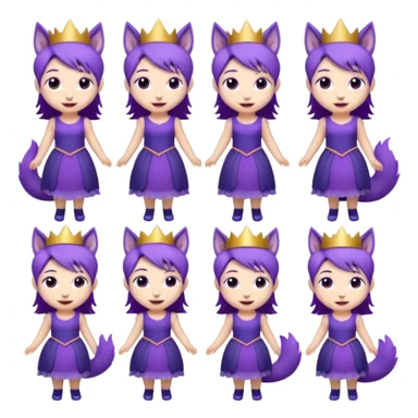 A collection of twelve chibi-style illustrations of a cute princess wearing a purple dress and crown with purple hair and purple wolf ears and purple wolf tail character. Each square shows the character doing something different against a white background And make a gap between each illusion sticker