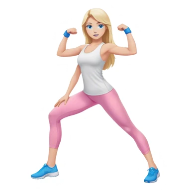 A cinematically realistic blonde with long hair and blue eyes, dressed in a white top and pink leggings, does a sports exercise called lunges sticker