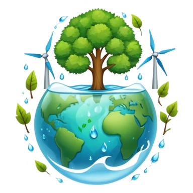 An icon featuring a green Earth, a tree, and recycling symbols, symbolizing ecology. The design includes animals, water droplets, and wind turbines, representing the study of ecosystems, conservation, and environmental protection. Transparent background. sticker