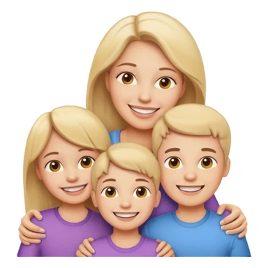 a mother and two kids, all with visible braces, smiling together, emoji style sticker