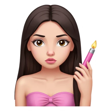 girl with lighter skin, dark brown long straight hair, pouty shiny lips without cupid's bow, large eyes, lighter button nose, long oval-shaped face, wearing a pink bandeau top with straight neckline, looking directly at camera with hands down at sides sticker