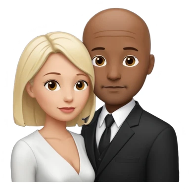 A romantically embracing 40-year-old couple. He is bald with a dark, stubble. She is a head shorter than him, and blonde. sticker