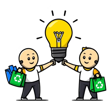 a lightbulb and a battery holding hands, each with recycling bags, walking to recycle sticker
