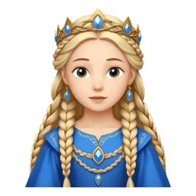 An emoji portrait of a medieval European princess. She wears a long-sleeved bliaut dress in a vibrant blue color, with a delicate golden circlet on her head. Her hair is braided in long tresses, and her expression is gentle and pious. sticker