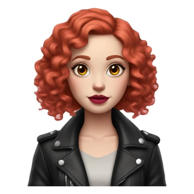 Girl with very pale skin, with bright red curly bob hair that is parted on the side, heavy eye makeup, cat eyeliner, long eyelashes, bright pink blush and bright pink lipstick.  Her eyebrows are dark, arched and very high. Wearing a leather jacket  sticker