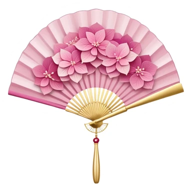 Japanese style pink hydrangea (ajisai) flower arranged like traditional uchiwa fan design, with gold accents, rinpa style pattern background, elegant composition sticker