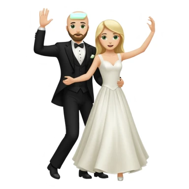 blonde haired green eyed bride and bald headed groom with dark beard dancing sticker