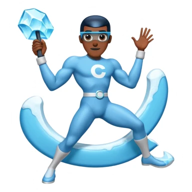 Frozone character in retro stickers style, dynamic pose, icy effects, bold outlines, vibrant colors he says "c'est carré dans l'axe" sticker