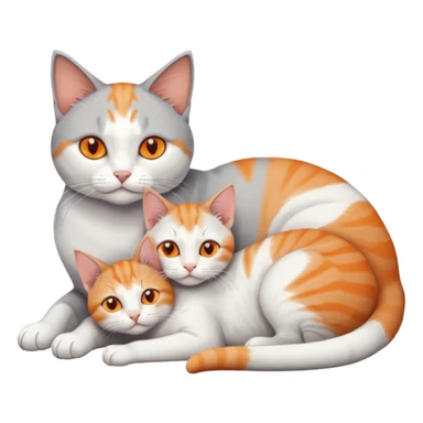 full body of a grey and white cat cuddling a very small + skinny ginger and white kitten with deep orange eyes and triangular shaped face lying down sticker