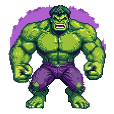 Hulk smashing with powerful fists, green superhero breaking ground, action pose, angry expression, retro video game style sticker