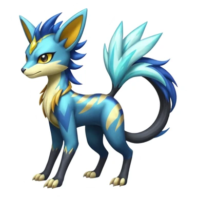 Shiny colorful exotic Feral Scaly Striking Slaying Badass Evil Handsome Lightning-patterned Zig-zagged buzzy fuzzy Meloetta-Renamon-Luxray-Cobalion-Suicune-Vernid-fusion-hybrid-creature, full body  sticker