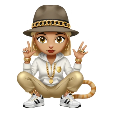 female cat wearing Run DMC hip-hop outfit with tracksuit, fedora, Adidas sneakers, many gold chains, rings, bracelets, flashy earrings, eyes averted, talking to a friend, no sunglasses sticker