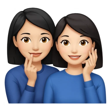 Middle aged light brown skinned woman with black hair, beside a middle aged asian woman with dark brown hair touching their cheek sticker