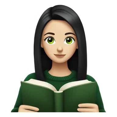 White girl with black hair and green eyes in a black sweater reading a book sticker
