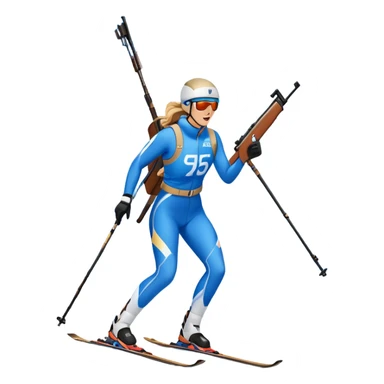An icon showing a biathlete skiing on a snow-covered Olympic track with a rifle on their back. Cheering fans fill the stands. Majestic mountains, snowy trees, and a bright blue sky complete the scenic winter landscape. Transparent background captures the spirit of biathlon. sticker