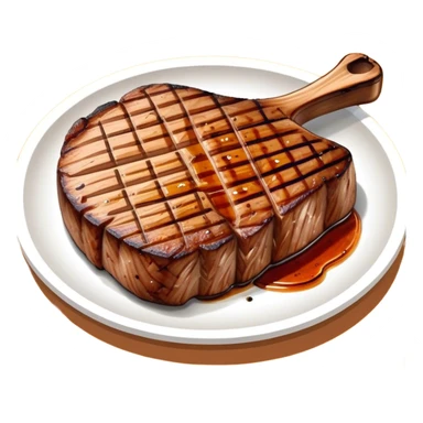 Cinematic thick-cut scotch t-bone steak, perfectly seared with grill marks, a grilled center, rich and savory, warm glow, sizzling and mouthwatering, highly detailed and appetizing. sticker