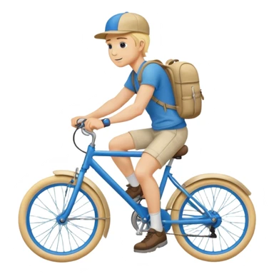 A blond guy in a cap and with a backpack on his back rides a blue bike sticker
