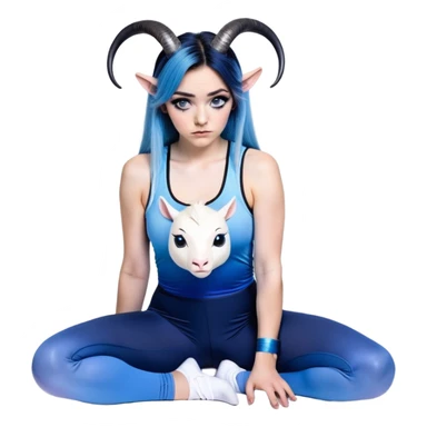 Disapponted-big tears-head back texting on phone-very very large upper body-sexy face-bending forward at waist-very long very straight dark blue to light blue ombre hair-and-blue eyes-thick black eyeliner-cute goat horns-iridescent blue lowcut tanktop with black leggings with glitter superman logo sticker