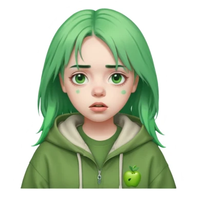 Billie Eilish with green hair, oversized clothing, moody expression, pop star vibe, Apple emoji style sticker