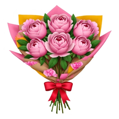 Bouquet of pink flower like rose and peony wrapped in kraft paper with red bow sticker