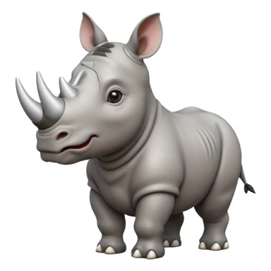 A big 3D cartoon rhino standing on dry ground, thick gray skin, small horn on nose, kind expression, bright daylight and soft shadows, Memoji-style. sticker
